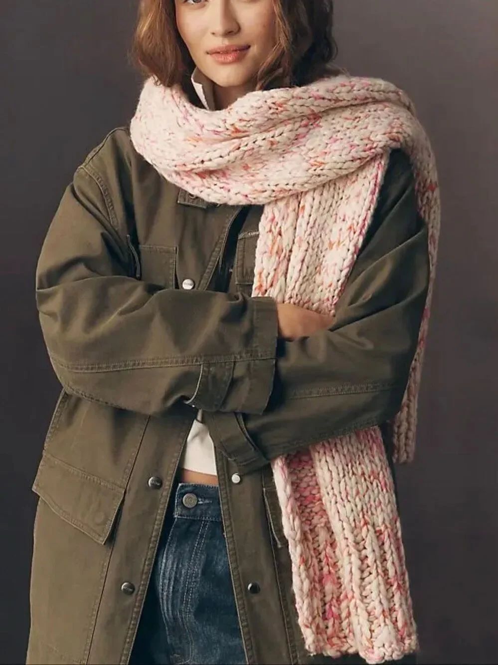 Anthropologie Chunky Yarn Knit Fringe Scarf Pink NWT One Size confetti